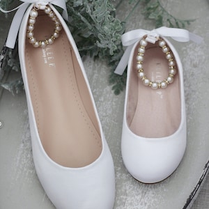 Women & Kids Shoes | White Satin Flats with Pearls Ankle Strap - Wedding Shoes, Bridal Shoes, Flower Girl Shoes, Baptism Shoes, Bridal Flats