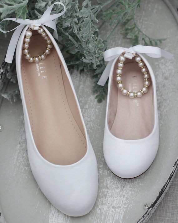 Women \u0026 Kids Shoes WHITE Satin Flats 