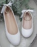 Women & Kids Shoes | White Satin Flats with Pearls Ankle Strap - Satin flower girls shoes, baptism shoes, communion shoes, Bridal Shoes 