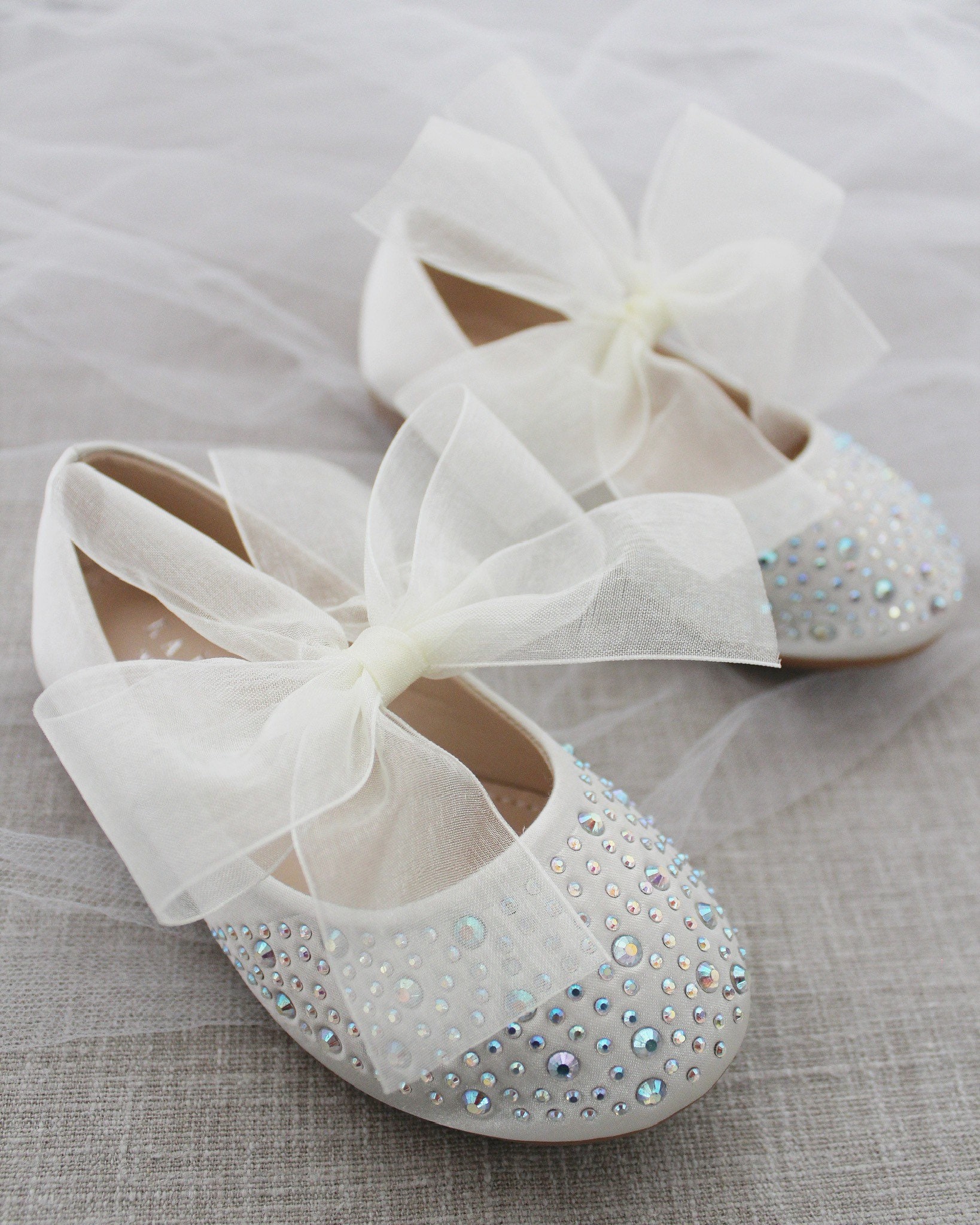 Ivory Satin Mary Jane Flats With IVORY CHIFFON BOW and Rhinestones- for ...