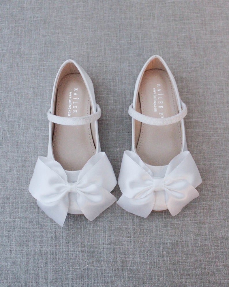 White Satin Mary Jane Flats With FRONT SATIN BOW - Flower Girls Shoes ...