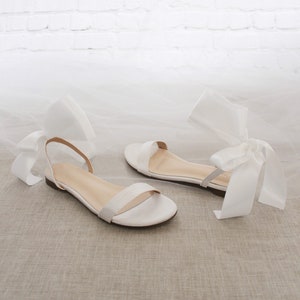 White Satin Flat Sandal with WRAPPED SATIN TIE, Bridesmaid Shoes, Women Sandals, Kids Sandals, Mommy and Me Shoes