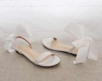 White Satin Flat Sandal with WRAPPED SATIN TIE, Bridesmaid Shoes, Women Sandals, Kids Sandals, Mommy and Me Shoes