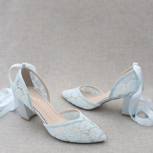 Light Blue Crochet Lace Almond Toe Block Heels With Ballerina Lace up ...