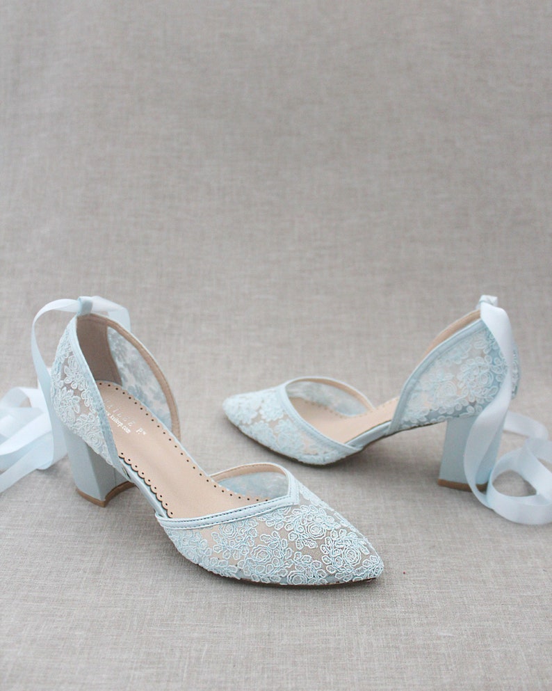 Light Blue Crochet Lace Almond Toe Block Heels With Ballerina - Etsy