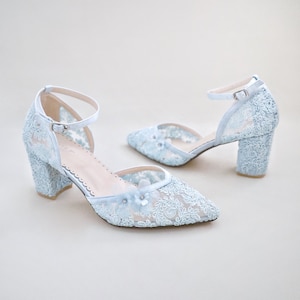 Light Blue Crochet Lace Almond Toe Block Heel With Flower Appliques ...