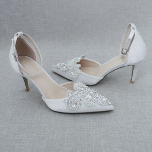 White Pointy Toe HEELS with Oversized Rhinestones Applique, Wedding Shoes, Bridesmaids Shoes, Evening Shoes, Holiday Shoes