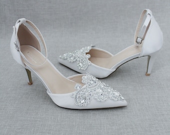 White Pointy Toe HEELS with Oversized Rhinestones Applique, Wedding Shoes, Bridesmaids Shoes, Evening Shoes, Holiday Shoes