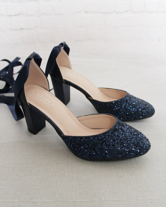 blue glitter block heels
