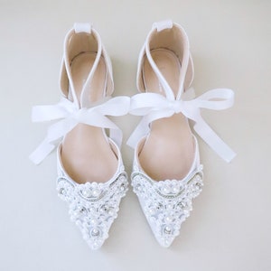 White Satin Pointy Toe Flats with OVERSIZED PEARLS APPLIQUE, Women Wedding Shoes, White Bridal Flats, White Bridal Shoes, Wedding Flats