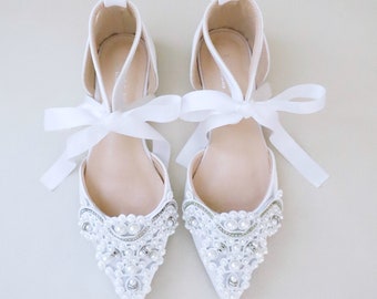 White Satin Pointy Toe Flats with OVERSIZED PEARLS APPLIQUE, Women Wedding Shoes, White Bridal Flats, White Bridal Shoes, Wedding Flats