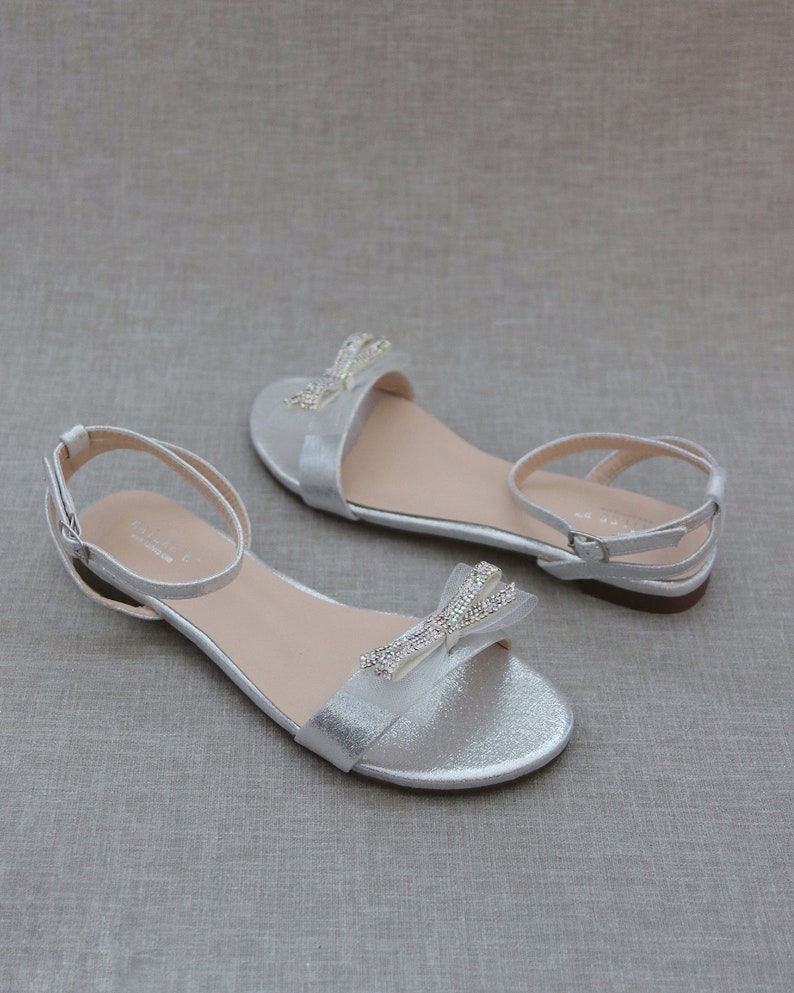 Silver Metallic Flat Sandal with MESH MINI RHINESTONES Bow, Bridesmaid Shoes, Women Sandals, Wedding Sandals, Girls Sandal, Mommy & Me Shoes image 3