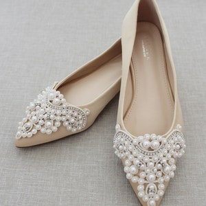 Champagne Satin Pointy Toe Flats With OVERSIZED PEARLS - Etsy