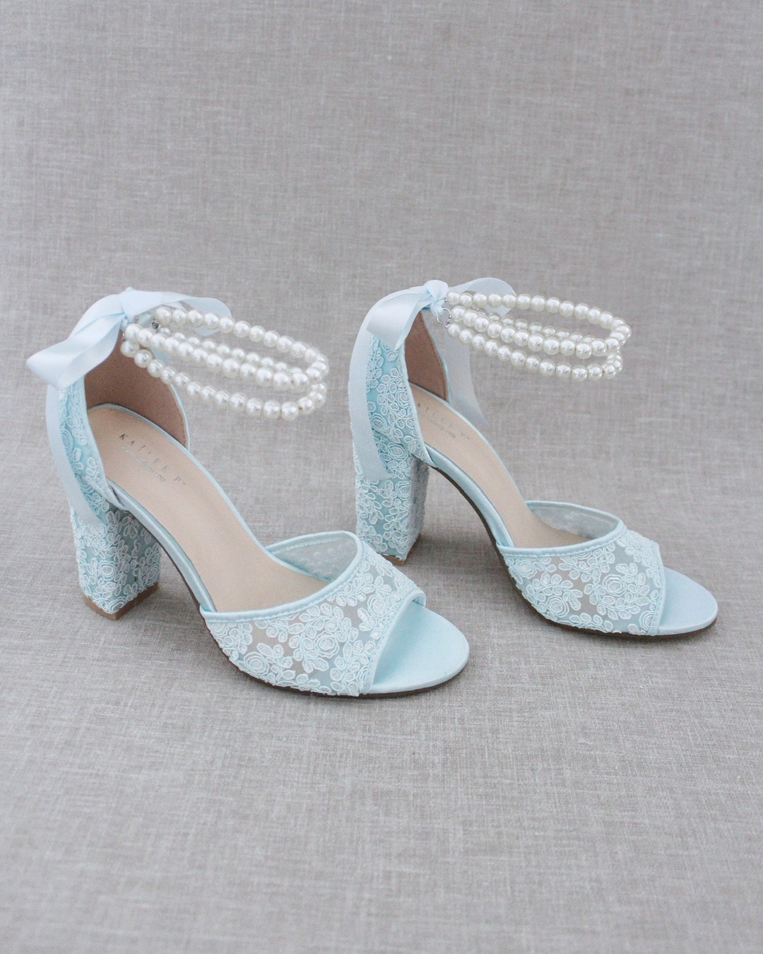 Light Blue Crochet Lace Block Heel Sandals With Double Pearls - Etsy UK
