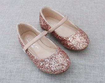 Rose Gold Rock Glitter Mary Jane Flats for Flower Girls Shoes, Girls Shoes, Holiday Shoes, Party Shoes, Fall Wedding Shoes