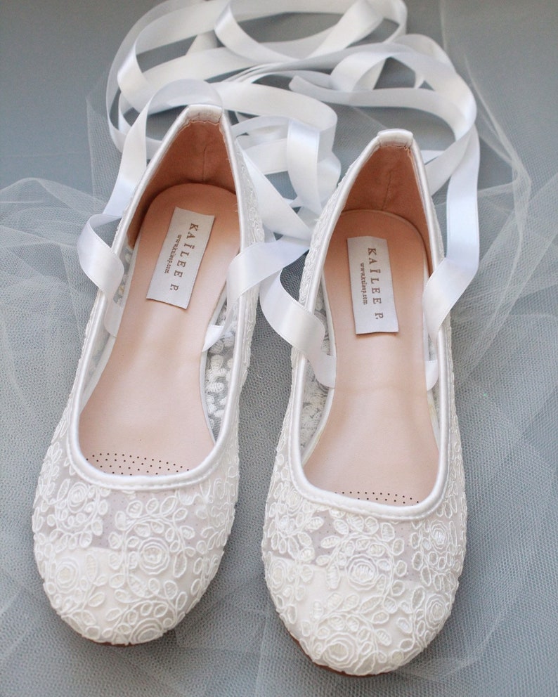 Women Wedding Shoes WHITE LACE round toe BALLERINA Lace up | Etsy