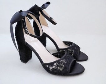 Black Crochet Lace Block Heel Sandals with Satin Back Bow - Women Wedding Shoes, Bridesmaids Shoes, Bridal Shoes, Bridal Heels