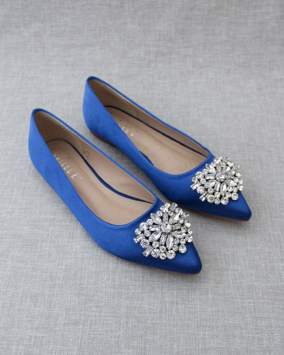 ROYAL BLUE Satin Pointy toe flats with Oversized Rhinestones image 1