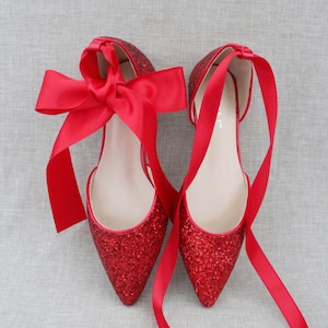 Red Rock Glitter Pointy Toe Flats with satin ANKLE TIE or BALLERINA Lace Up, Fall Wedding Shoes, Bridesmaids Shoes, Holiday Shoes