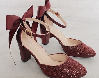 Burgundy Rock Glitter Block Heel with SATIN BACK BOW, Bridal Shoes, Bridesmaids Shoes, Bridal Heels, Girls Shoes, Holiday Shoes