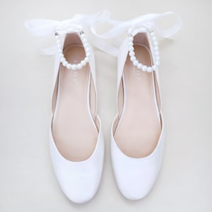 White Satin Flats with All Pearls Ankle Strap, Wedding Shoes, Bridal Shoes, Bridesmaids Shoes, Baptism Shoes, Bridal Flats
