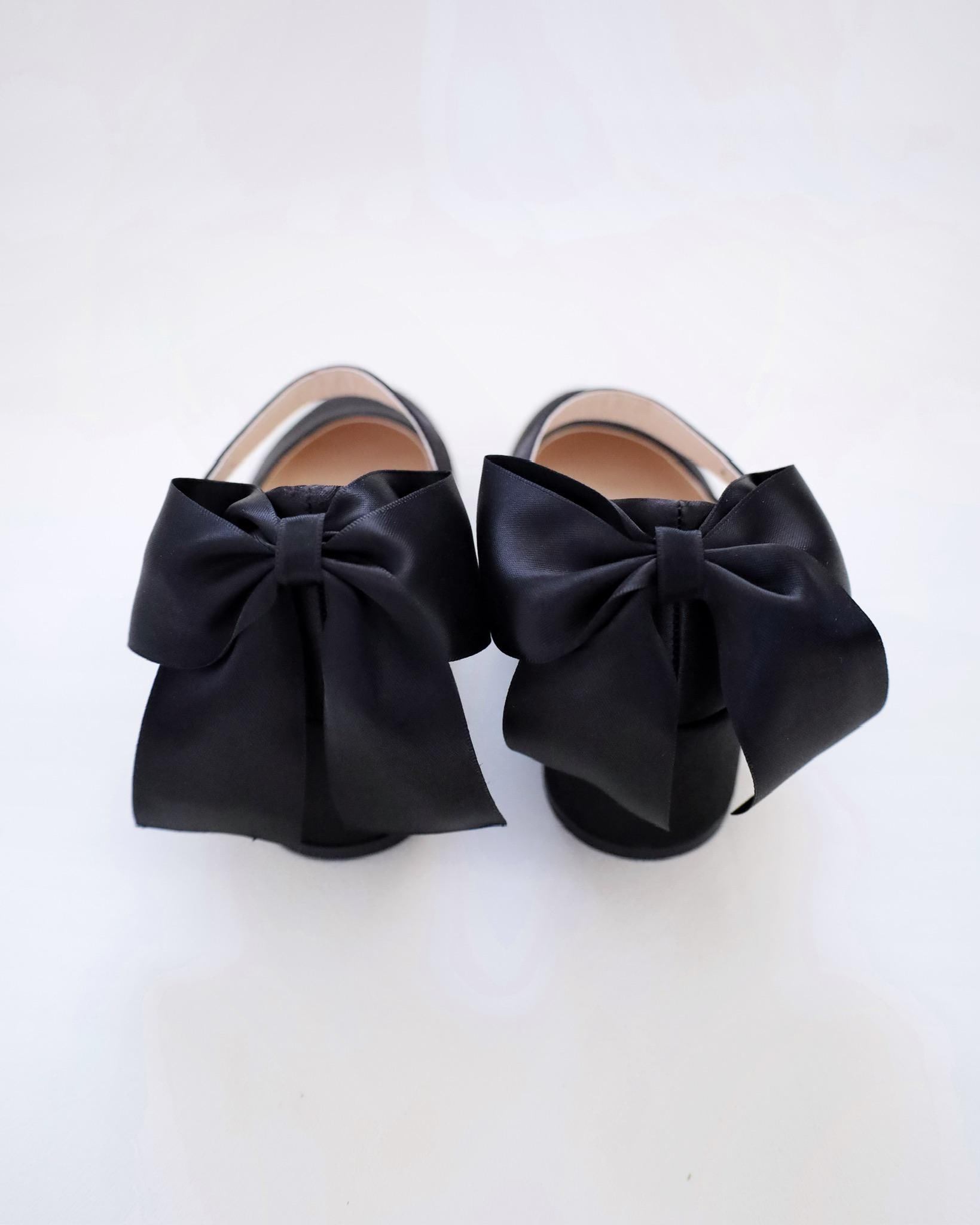 Black Satin Mary Jane Girls Block Heel With Back Satin Bow, Flower ...