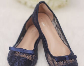 Navy Lace flats with Front TUXEDO BOW - Women Navy Blue, Fall Wedding Shoes, Bridesmaid Shoes, Holiday Shoes