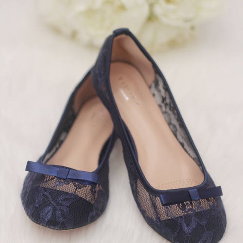 Navy Lace Flats With Front TUXEDO BOW 