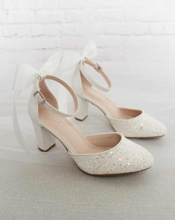 white sparkly block heels