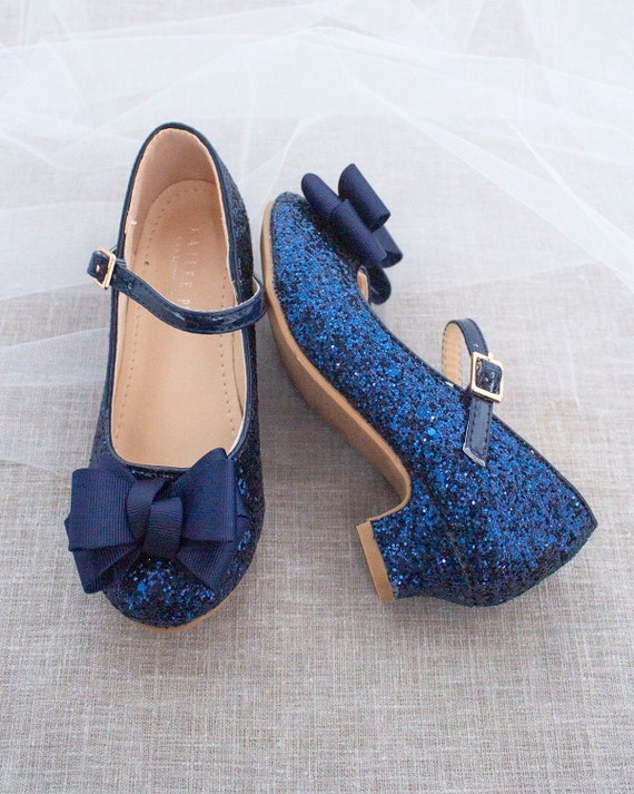 NAVY Rock Glitter Mary Jane Heel With Grosgrain Bow, Flower Girl Shoes,  Navy Blue Birthday Shoes, Girls Party Shoes, Holiday Shoes 