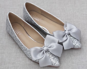 Silver Rock Glitter Pointy Toe Flats with Oversized SATIN BOW, Women Wedding Shoes, Bridesmaid Shoes, Glitter Shoes, Silver Holiday Shoes