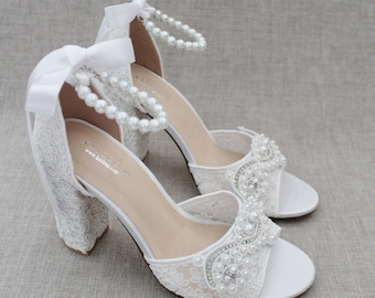 White & Ivory Crochet Lace Block Heel Sandals with Small Pearl Applique - Wedding Shoes, Bridesmaid Shoes, Bridal Shoes, Wedding Lace Heels