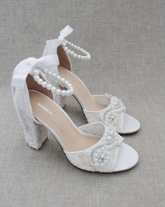 White Lace up Wedding Sandals Open Toe Strappy Block Heels|FSJshoes