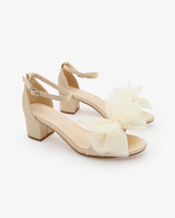 Buy Champagne Satin Block Heel Sandal With Front Oversized TULLE