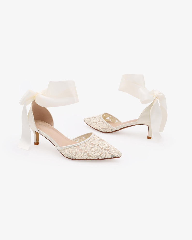 Ivory Crochet Lace Pointy Toe Wedding Low Heels with Wrapped Ankle Tie, Bridal Shoes, Bridal Low Heels, Kitten Heels image 3
