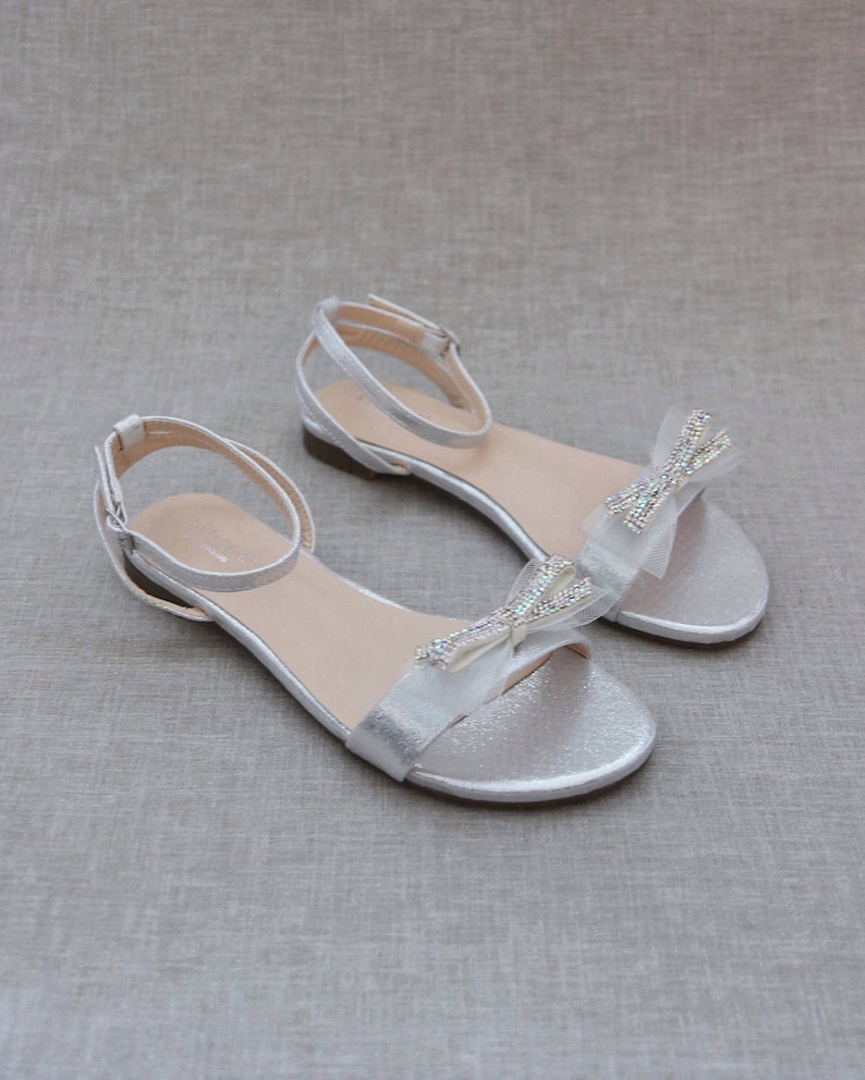 Silver Metallic Flat Sandal with MESH MINI RHINESTONES Bow, Bridesmaid Shoes, Women Sandals, Wedding Sandals, Girls Sandal, Mommy & Me Shoes image 1