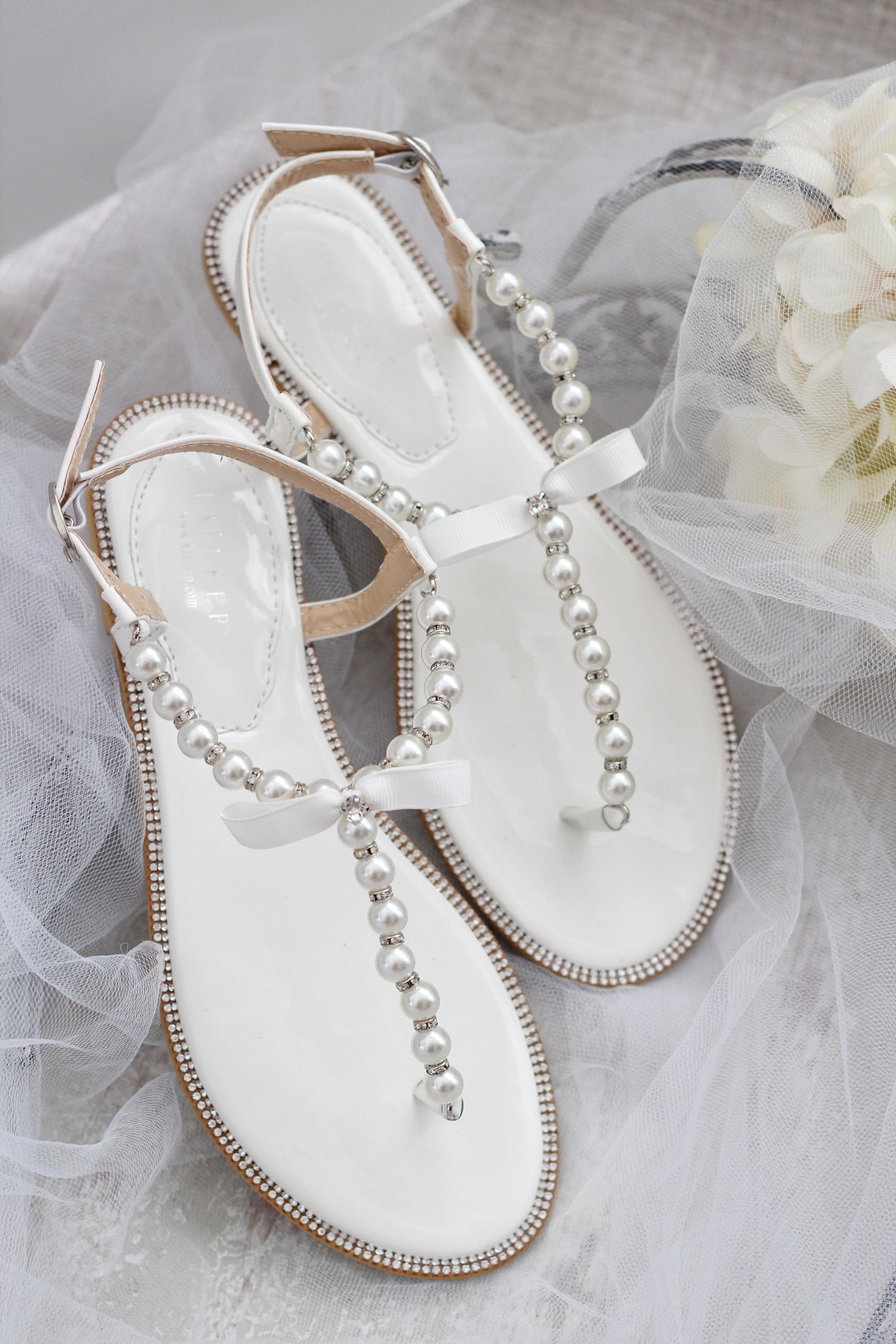 Women and Kids Pearl Wedding Flat Sandals off White T-strap - Etsy