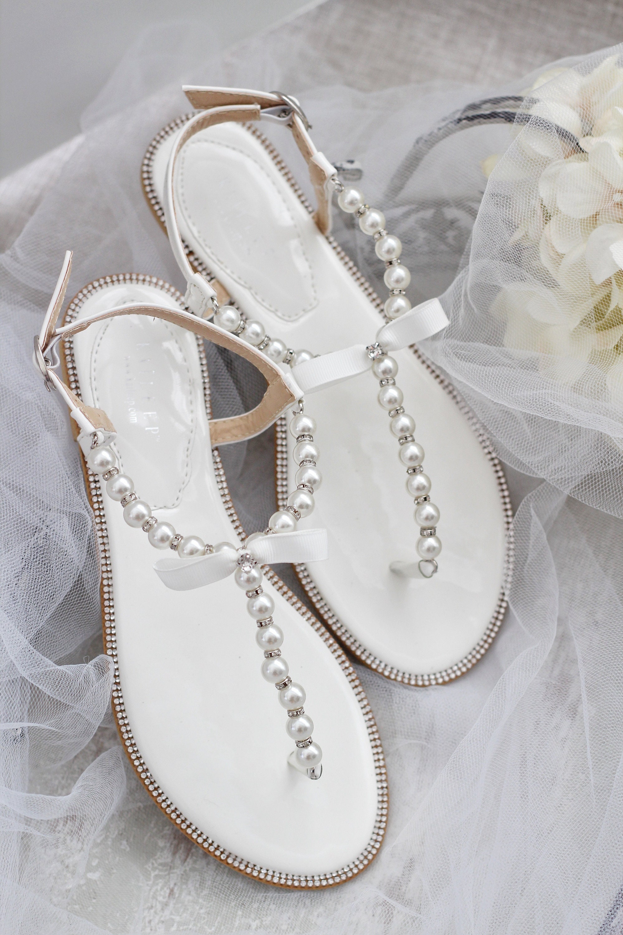 Women and Kids Pearl Wedding Flat Sandals off White T-strap | Etsy