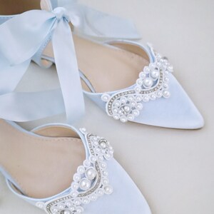 Light Blue Satin Pointy Toe Flats with SMALL PEARLS APPLIQUE and Satin Tie , Women Wedding Shoes, Something Blue, Wedding Flats, Satin Flats image 2