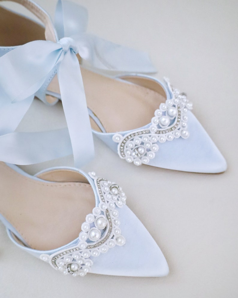 Light Blue Satin Pointy Toe Flats with SMALL PEARLS APPLIQUE and Satin Tie , Women Wedding Shoes, Something Blue, Wedding Flats, Satin Flats image 2