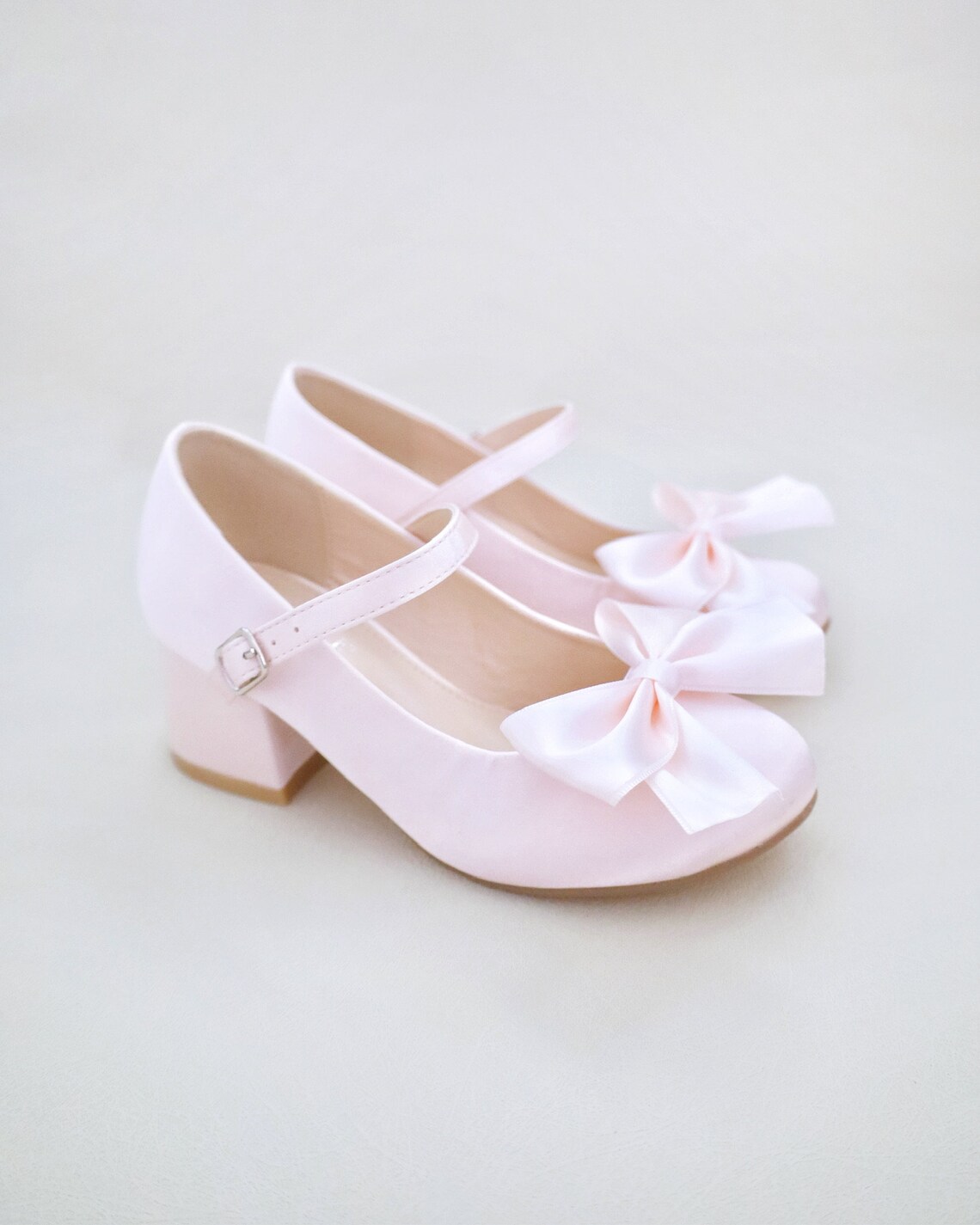 Dusty Pink Girls Satin Mary Jane Block Heel With Front Satin Bow ...