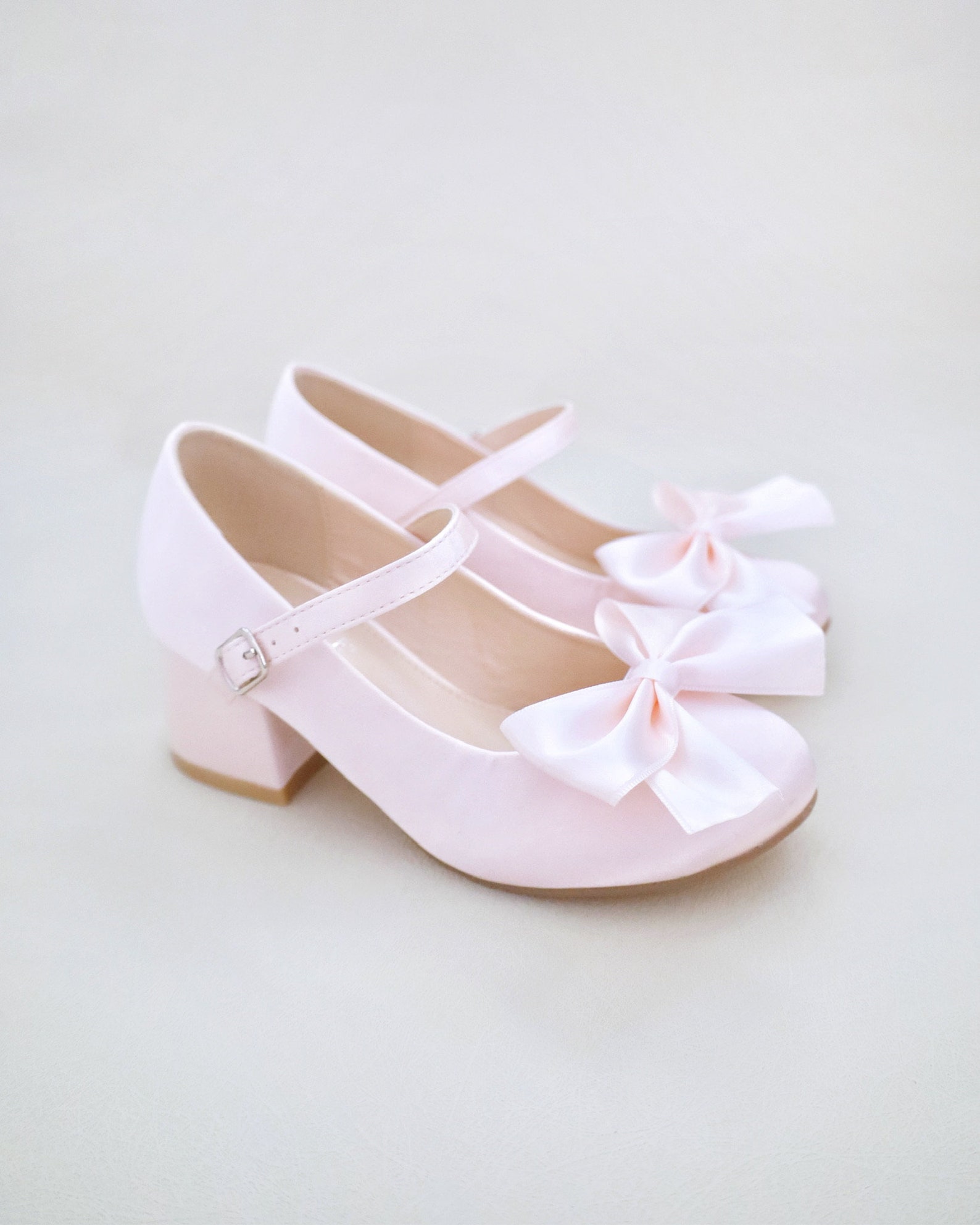 Dusty Pink Girls Satin Mary Jane Block Heel With Front Satin Bow ...