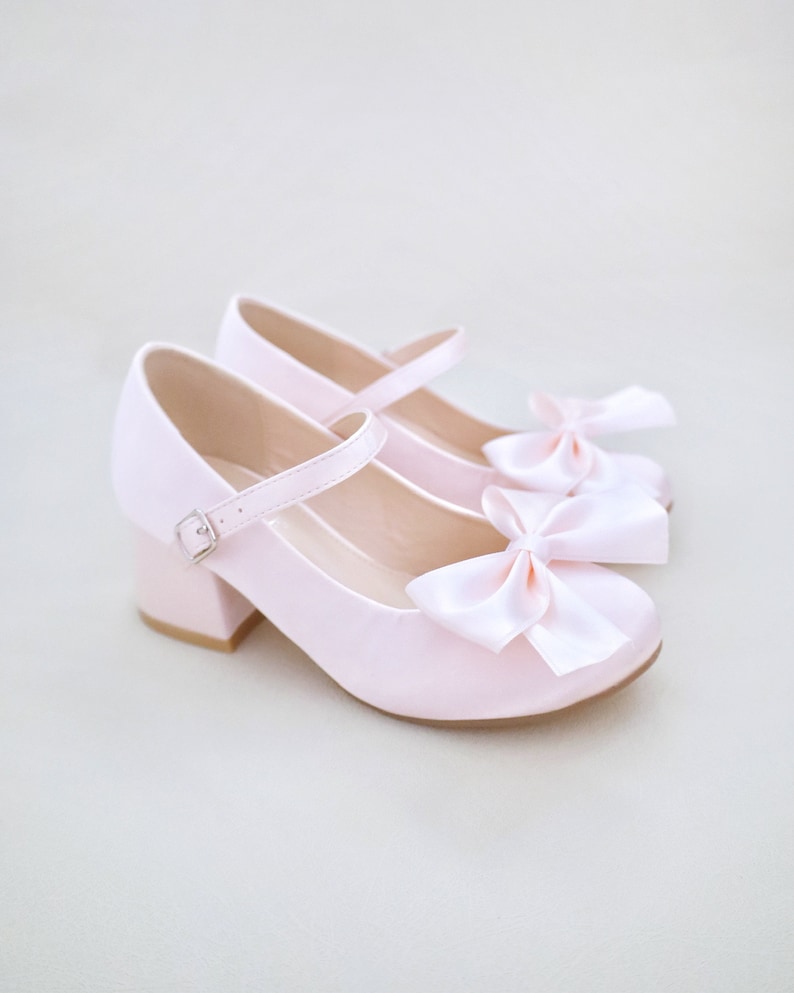 Dusty Pink Girls Satin Mary Jane Block Heel With Front Satin Bow ...