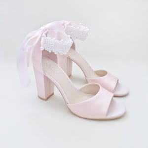 Dusty Pink Satin Block Heel Evening Sandals with Perla Ankle Strap - Bridesmaids Shoes, Bridal Shoes, Wedding Heels, Party Shoes