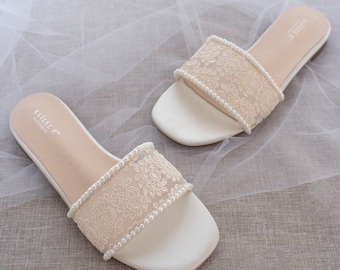 Ivory Crochet Lace Slip on Flat Sandals with MINI PEARLS, Bridal Sandals, Bridesmaids Sandals, Wedding Sandals, Bride Slippers