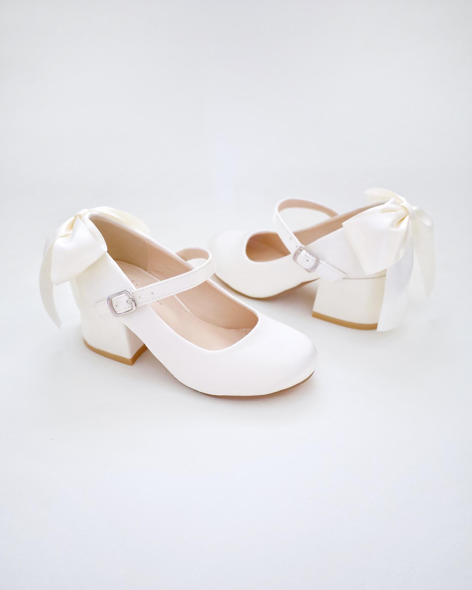 Ivory & White Satin Mary Jane Girls Block Heel With Back Satin Bow ...