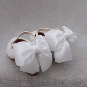 Girls Heel Glitter Shoes White Rock Glitter mary-jane heels with added satin bow, Baptism and Christening Shoes, Holiday Shoes image 5