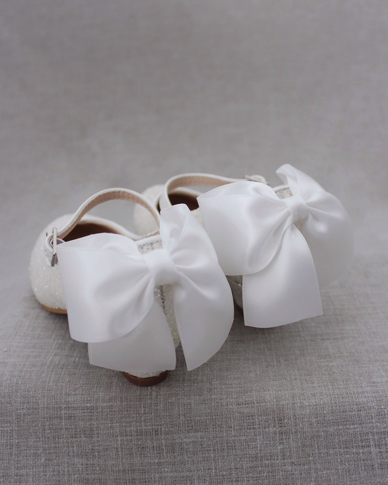 Girls Heel Glitter Shoes White Rock Glitter mary-jane heels with added satin bow, Baptism and Christening Shoes, Holiday Shoes image 5