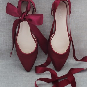 Burgundy Satin Pointy Toe flats with Satin ANKLE TIE or BALLERINA Lace Up, Fall Wedding Shoes, Burgundy Bridesmaid Shoes, Wine Bridal Flats