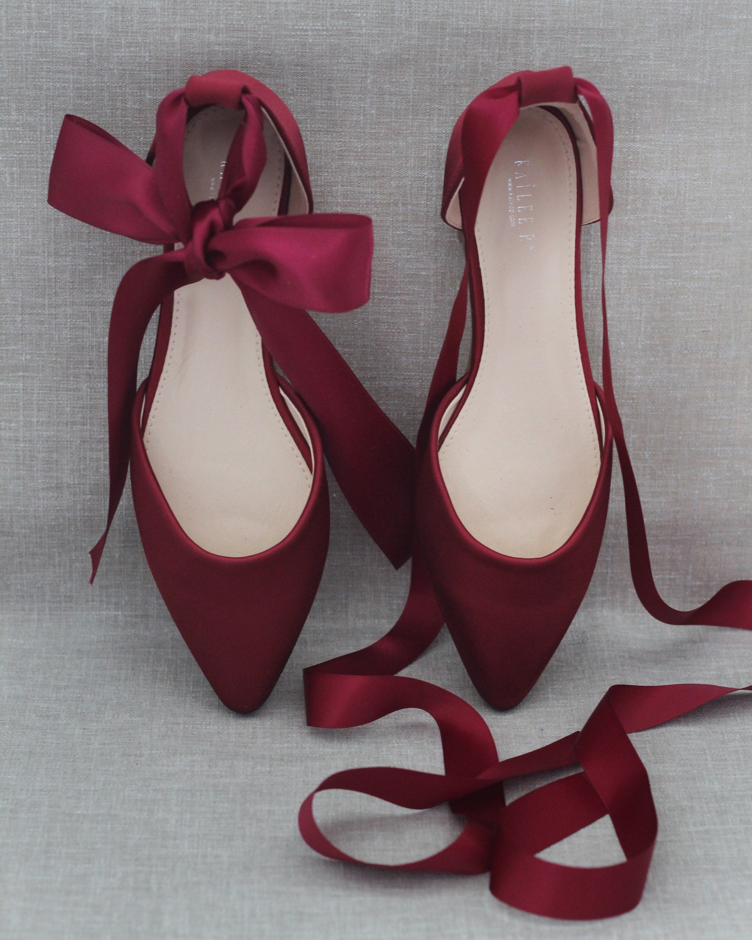 Burgundy Satin Pointy Toe Flats With 